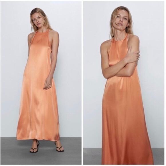 Zara Peach Orange Sayin High Neck Slip Maxi Dress Size XS Wedding 4437/071 - Picture 1 of 12